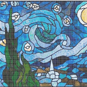 Van Gogh Sterrennacht Gebrandschilderd glas 064 Modern Cross Stitch Patroon Geteld Cross Stitch Chart Pdf-formaat Instant Download Needle Craft