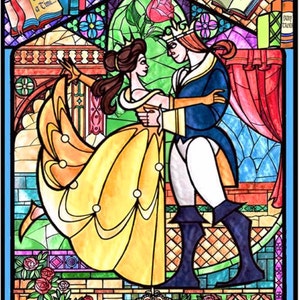 Fairy Tale Princess Beauty and the Beast  Stained Glass 309 Cross Stitch Pattern Counted Cross Stitch Chart Pdf Format Instant Download