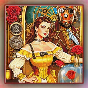 DIY Cross Stitch patroon Belle en het beest Steampunk 420 groot formaat moderne Cross Stitch Chart geteld PDF-formaat Instant Download