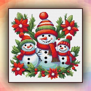 Kruissteekpatroon sneeuwpop met kinderen sneeuwpop familie 405 moderne kerst kruissteekkaart geteld DIY pdf-formaat direct downloaden