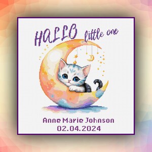 Schema punto croce fai-da-te Baby Cat sulla Luna Ragazza Ragazzo Annuncio di nascita 320 Punto croce moderno Baby shower Regalo Piccolo gatto Formato PDF