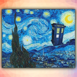 DIY-kruissteekpatroon Van Gogh Sterrennacht Doctor Who Tardis 843 Modern patroon geteld kruissteekkaart pdf-formaat direct downloaden