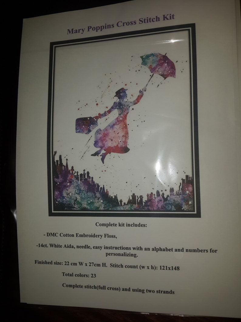 Mary Poppins Cross Stitch Kit 14 count aida fabric Pre sorted cotton