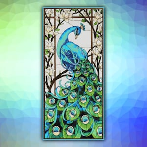 Kruissteekpatroon Peacock Gebrandschilderd glas Bright Bird 371 Moderne DIY Cross Stitch Geteld Cross Stitch Chart Pdf-formaat Instant Download