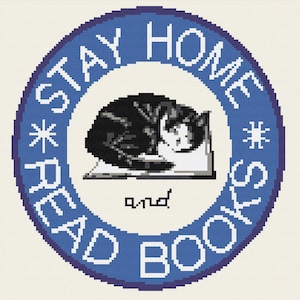 Blijf thuis Boeken lezen Cute Cat 905 Modern eenvoudig kruissteekpatroon geteld kruissteektabel Pdf-formaat Direct downloaden
