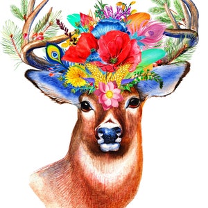 Deer and Flowers Antler  528 Modern Cross Stitch Pattern Cross Stitch Chart Pdf Format Instant Download