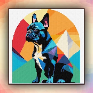 Kruissteekpatroon Franse Bulldog abstracte hond geometrische 443 moderne art deco getelde kruissteekkaart pdf-formaat direct downloaden