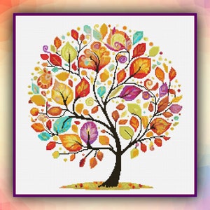 Kruissteekpatroon levensboom vier seizoenen herfst 326 moderne DIY Cross Stitch Count Easy Cross Stitch Chart Pdf-formaat Instant Download