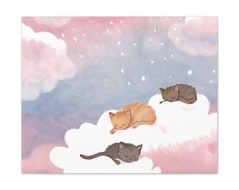 May include: Three adorable kittens are sleeping on fluffy white clouds in a watercolor painting. The sky is a soft pink and blue with white dots.