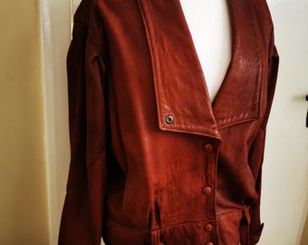 Chaqueta vintage de piel color canela suave para mujer, años 80. Talla mediana, 12.