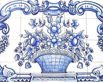 Murale da cucina tradizionale portoghese dipinto a mano in blu e bianco
