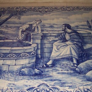 Gesù e la donna samaritana al pozzo arte religiosa piastrella murale