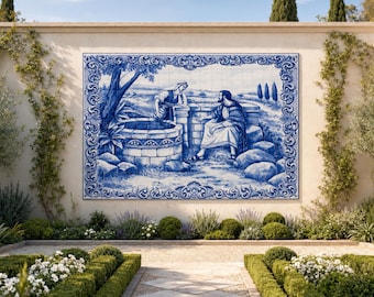 Jesus and Samaritan Woman Portuguese Tile Mural, Large Religious Wall Art, Hand Painted Church Decor