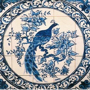 Portuguese azulejos tile mural. Magnificent  peacock blue white tile mural. backsplash. *NEW*  stock  due in February 10 for quick ship.