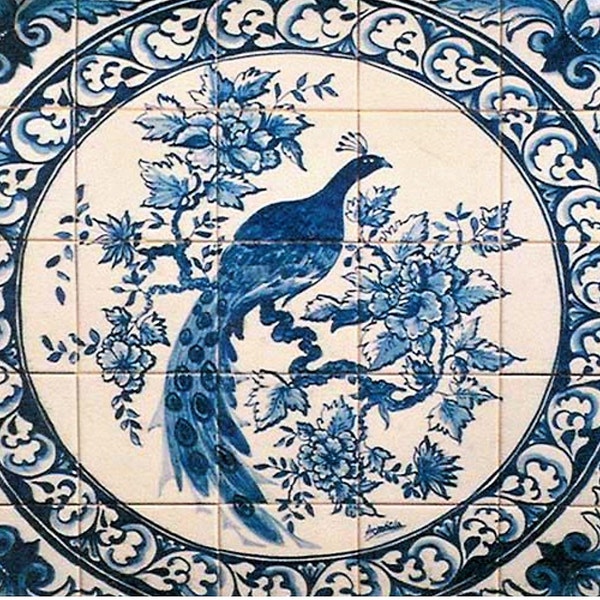 Portuguese azulejos tile mural. Magnificent  peacock blue white tile mural. backsplash. *NEW*  In stock for quick US ship.