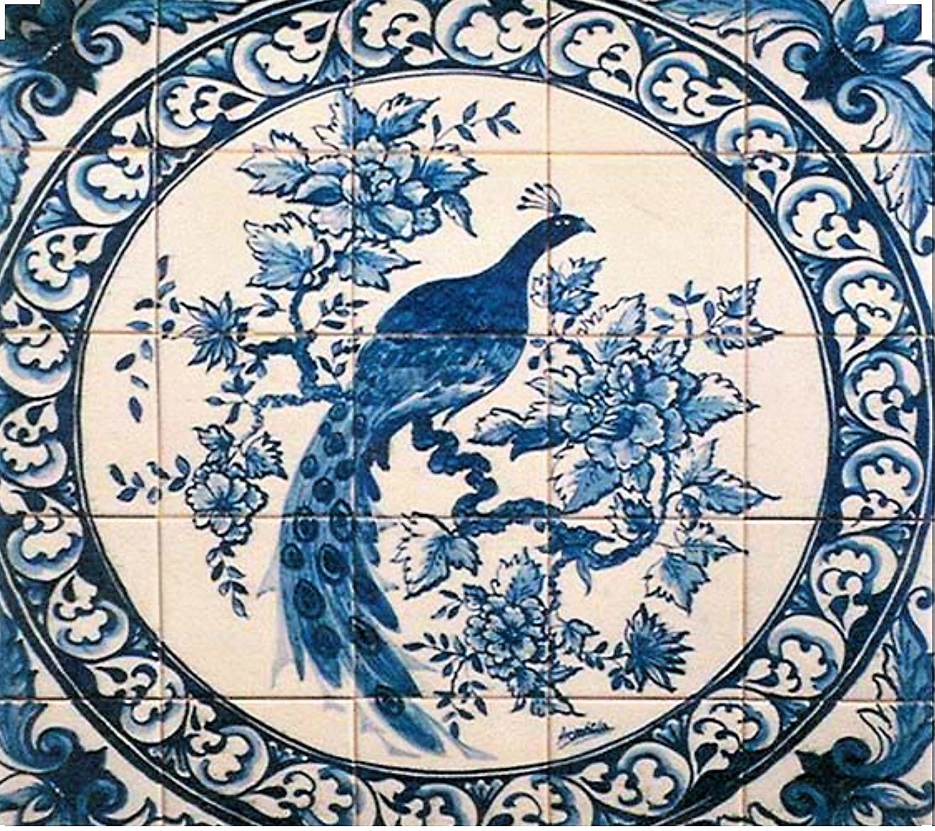 Portuguese Azulejos Tile Mural. Magnificent Peacock Blue White Tile
