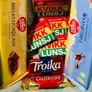 Mélange de bonbons norvégiens #8 Melkesjokolade Firkløver Troika Gullbrød Kvikk Lunsj