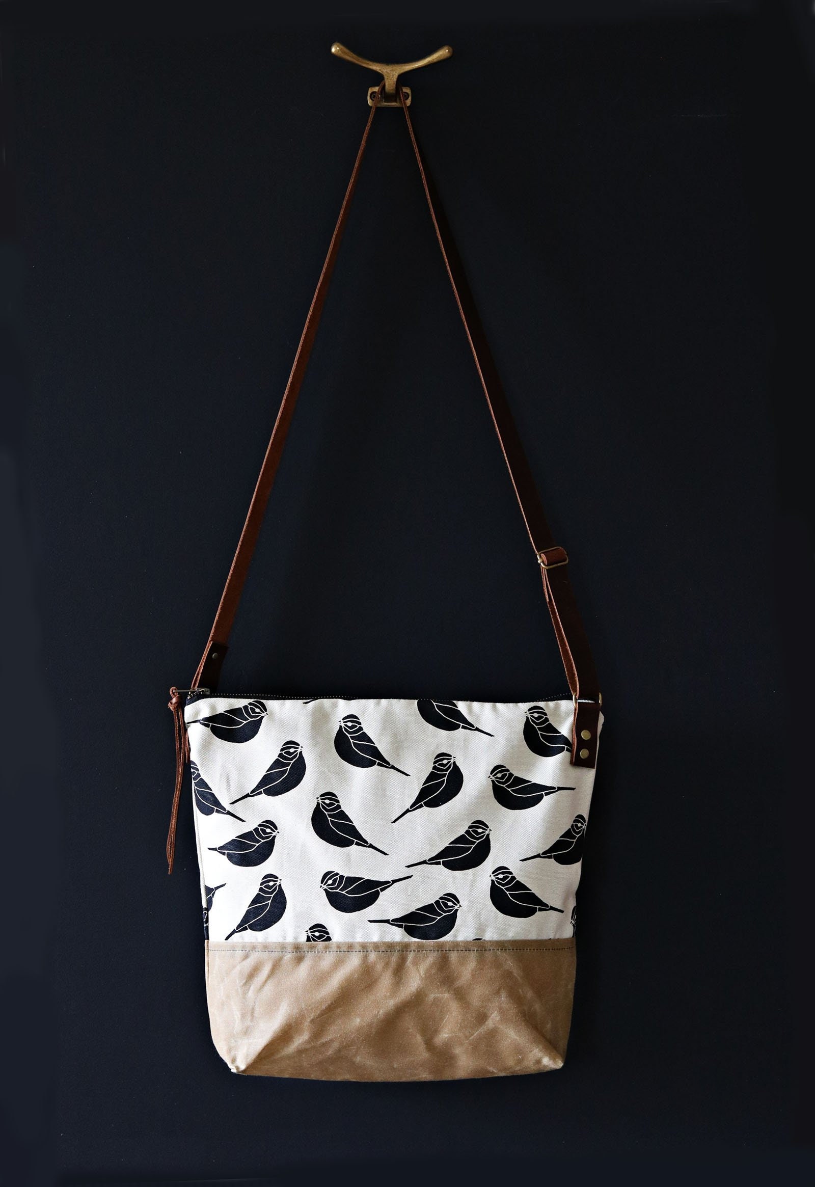Waxed Canvas Crossbody Bag - Sparrow Pattern on Clay Canvas with Sable Waxed Canvas and ...