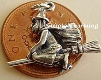 Sterling Silver WITCH on BROOMSTICK charm  Double Sided