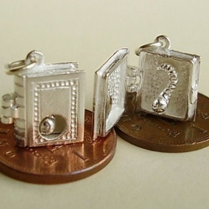 May include: Two silver charm pendants in the shape of a closed book with a small silver ball inside and an open book with a silver question mark inside. The charms are sitting on top of two copper-colored coins.