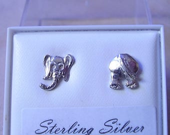 One  Pair of ELEPHANT HEAD and BOTTOM Stud Earrings in Sterling Silver