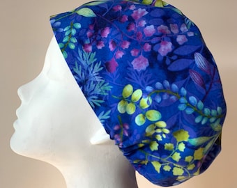 MIDNIGHT GARDEN Euro Style Surgical Scrub Cap-Regular Pixie or Long Pixie(Semi-Bouffant)-Elastic Gathered with Optional Ties-Made in Canada