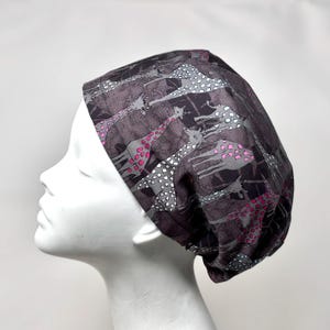 GIRAFFES European Style Surgical Scrub Cap or Snood, Regular or Long Pixie, Elastic Gathered, Optional Ties, Made in Canada