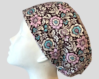 SPIDER WEB FLORAL Euro Surgical Scrub Cap - Regular Pixie or Long Pixie(Semi-Bouffant) - Elastic Gathered - Optional Tie - Made in Canada