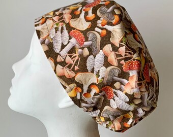 MUSHROOM TUMBLE Euro Style Surgical Scrub Cap, Snood, Regular or Long Pixie, No Toggle, Elastic Gathered, Optional Ties, Made in Canada