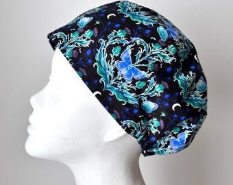 Glow in the Dark! MOTHS and THISTLES European Style Scrub Cap, Snood, Regular or Long Pixie, Elastic Gathered, Optional Ties, No Toggle