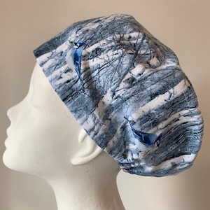 May include: A white scrub hat with a blue and white birch tree pattern and blue birds.