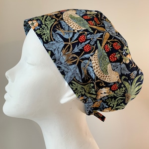 STRAWBERRY THIEF (Morris & Co.) European Surgical Scrub Cap or Snood, Regular or Long Pixie, Elastic Gathered with or without Optional Ties
