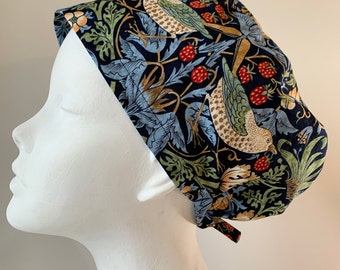 STRAWBERRY THIEF (Morris & Co.) Euro Surgical Scrub Cap or Snood, Regular or Long Pixie, Elastic Gathered, Optional Ties, Made in Canada