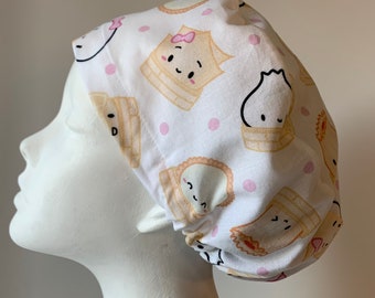 MANGA DUMPLINGS Euro Style Surgical Scrub Cap-Regular Pixie or Long Pixie(Semi-Bouffant)-Elastic Gathered with Optional Ties-Made in Canada