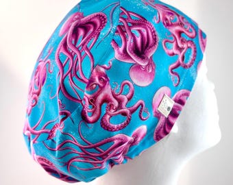 PURPLE OCTOPUS European Style Surgical Scrub Cap or Snood, Regular or Long Pixie, Elastic Gathered, Optional Ties, No Toggle, Made in Canada