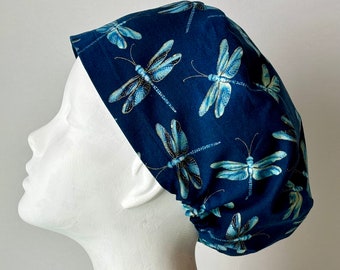 DRAGONFLIES Euro Style Surgical Scrub Cap or Snood, Regular or Long Pixie, Elastic Gathered, No Toggle, Optional Ties, Made in Canada