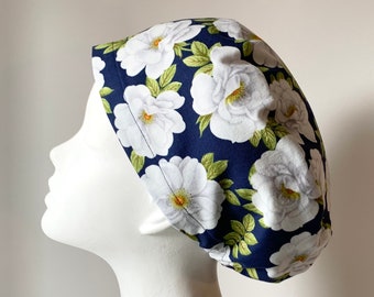 WHITE ROSES Euro Style Surgical Scrub Cap, Regular Pixie or Long Pixie(Semi-Bouffant), Elastic Gathered, Optional Ties, Made in Canada