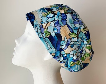 STAINED GLASS Euro Style Surgical Scrub Cap-Regular Pixie or Long Pixie(Semi-Bouffant)-Elastic Gathered with Optional Ties-Made in Canada