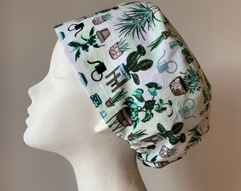 POTTED PLANTS Euro Style Surgical Scrub Cap or Snood, Regular or Long Pixie (Semi-Bouffant), Elastic Gathered, Optional Ties, Made in Canada