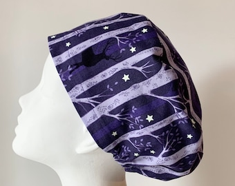 Glow in the Dark STARRY WOODS Euro Surgical Scrub Cap, Snood, Regular or Long Pixie, Elastic Gathered, Optional Ties, Made in Canada