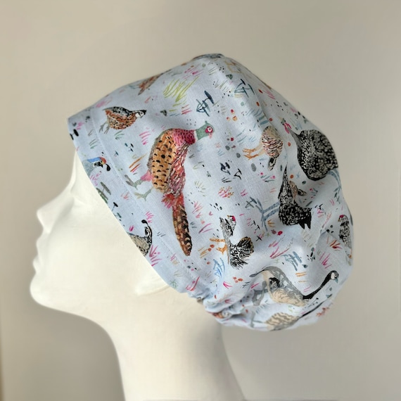 CANADIAN BIRDS European Style Surgical Scrub Cap or Snood, Regular or Long Pixie, Elastic Gathered, No Toggle, Optional Ties, Made in Canada