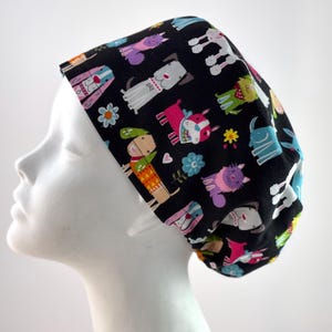 CARTOON DOGS Bonnet ou snood chirurgical de style européen, lutin régulier ou long, fronces élastiques, liens en option, sans bascule, fabriqué au Canada
