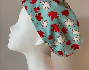 MAPLE DEAVES Chirurgische Scrub-Kappe im europäischen Stil, medizinischer Snood, normal oder lang Pixie, elastisch gesammelt, optional mit Krawatten, hergestellt in Kanada