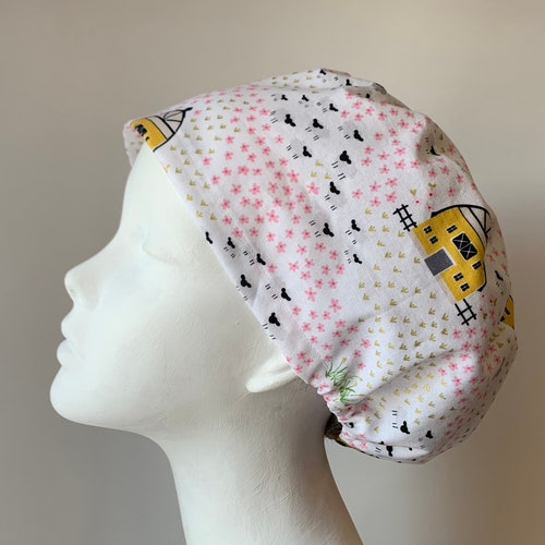 WEE SPRING LAMBS Euro Style Surgical Scrub Cap-Regular Pixie or Long Pixie(Semi-Bouffant)-Elastic Gathered with Optional Ties-Made in Canada