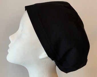 BLACK SOLID Euro Style Surgical Scrub Cap - Regular Pixie or Long Pixie(Semi-Bouffant) - Elastic Gathered - Optional Ties - Made in Canada