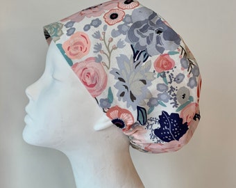 PINK FLORAL Euro Style Surgical Scrub Cap-Regular Pixie or Long Pixie(Semi-Bouffant)-Elastic Gathered with Optional Ties - Made in Canada