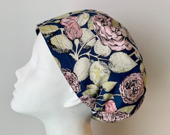 CABBAGE ROSES Euro Style Snood Slouchy Scrub Cap, Regular or Long Pixie (Semi-Bouffant), Elastic Gathered with Optional Ties, Made in Canada