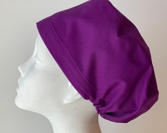 PLUM SOLID Euro Style Surgical Scrub Cap - Regular Pixie or Long Pixie(Semi-Bouffant) - Elastic Gathered with Optional Ties - Made in Canada