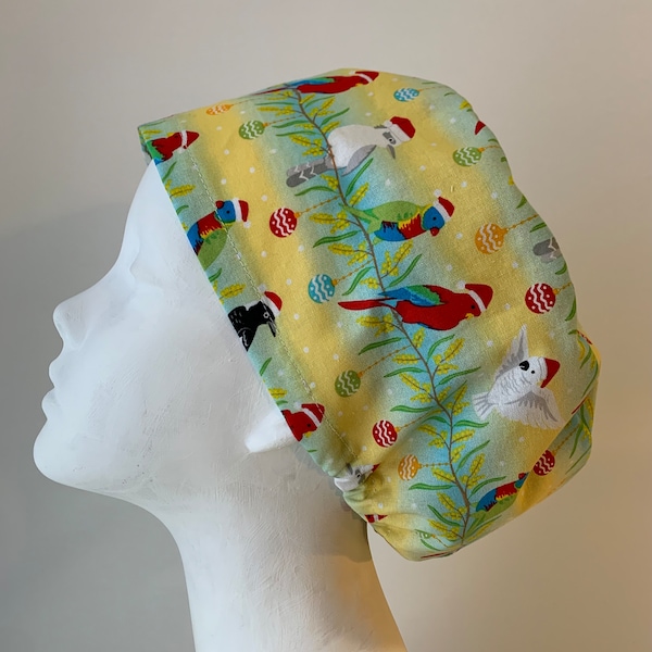 AUSSIE CHRISTMAS BIRDS Euro Surgical Scrub Cap-Regular Pixie or Long Pixie(Semi-Bouffant)-Elastic Gathered-Optional Ties - Made in Canada