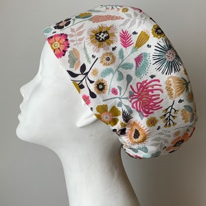 SUMMER MEADOW European Style Surgical Scrub Cap or Snood for Women, Regular or Long Pixie, Elastic Gathered, Optional Ties, Made in Canada